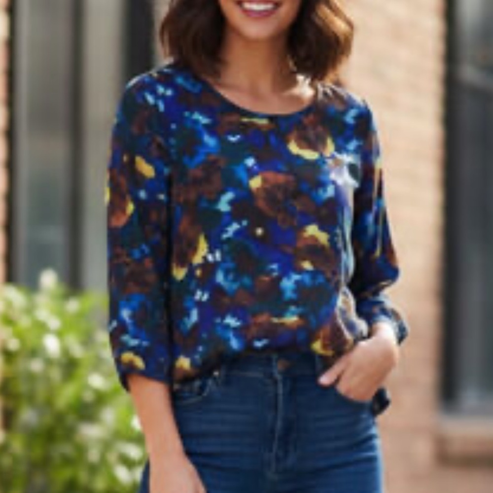 Boden Silk Colorful Blue Abstract Print 3/4 Sleeve Top
